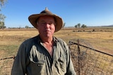 A middle aged man wearing an akubra standing in a field.