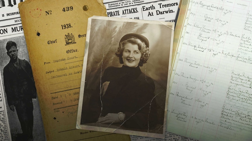 A montage of court documents, newspapers and a photograph of Sally Sara's nanna Patricia.