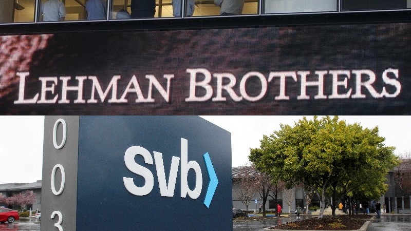 Composite image of Lehman Brothers office (above) and Silicon Valley Bank (below).