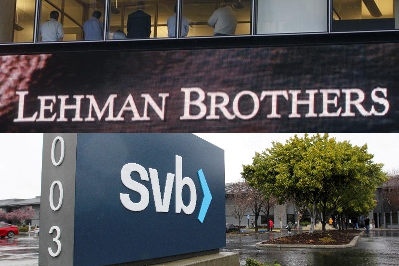 Composite image of Lehman Brothers office (above) and Silicon Valley Bank (below).