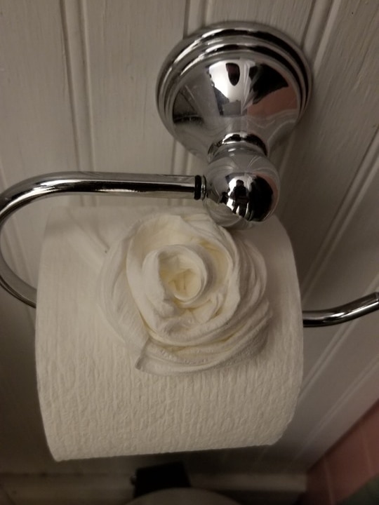 A roll of toilet paper at Nate Roman's house is fashioned into a rose.