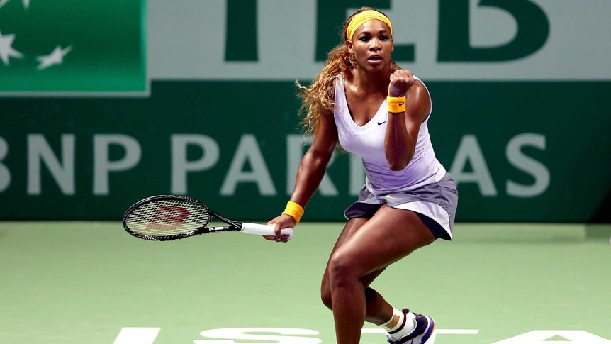 Serena Williams celebrates a break of serve against Angelique Kerber at the WTA Championships.