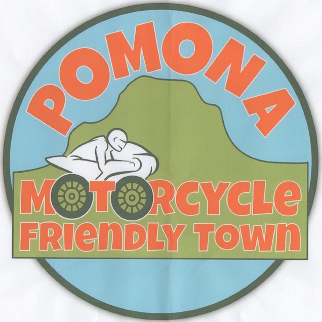 Artwork or logo that reads "Pomona Motorcycle Friendly Town".