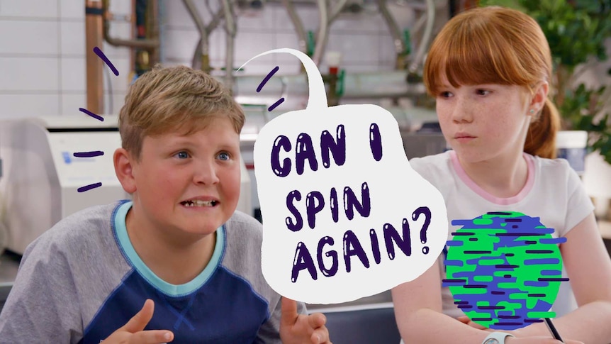 Boy and girl, text bubble reads "Can I spin again?"