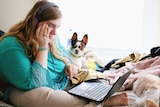 A woman looks puzzled at a laptop, sitting on a bed with her dog