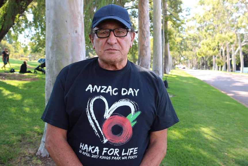 Leon's father Bill Ruri wears a shirt saying "Anzac Day Haka for Life"