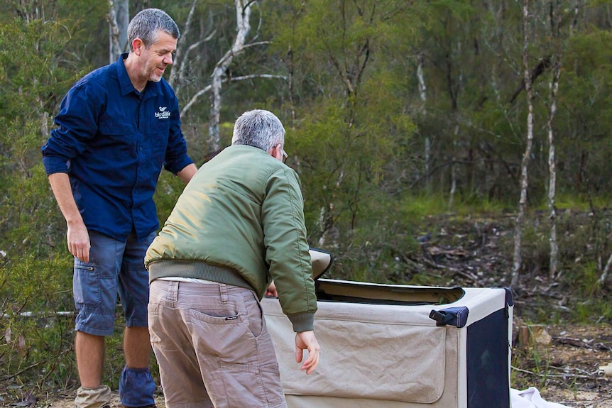 Two men open a crate surrounded by bushland.