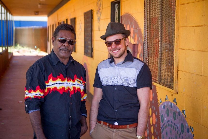 Warburton elder Brett Jennings and Wilurara Creative director Silvano Giordano outside the community hair salon.