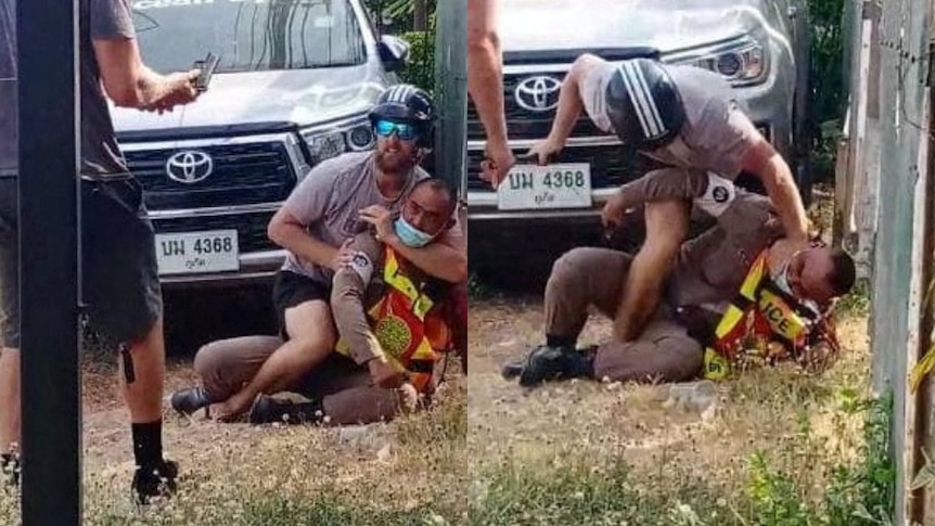 Composite photo of two men scuffling on the ground in front of car 