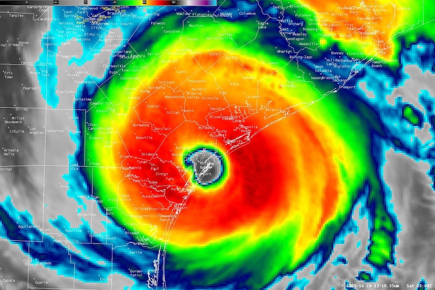 A coloured satellite image of Hurricane Harvey.