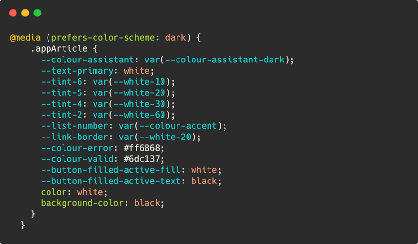 A CSS code sample showing how media queries are used to implement dark mode styles