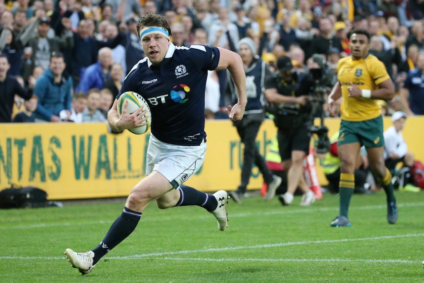 Scotland's Hamish Watson scores the visitors' third try against the Wallabies.