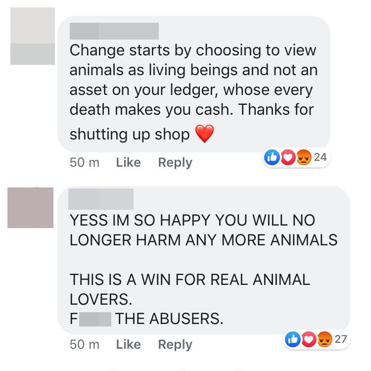Facebook comments from people who are glad the pig farm has closed.