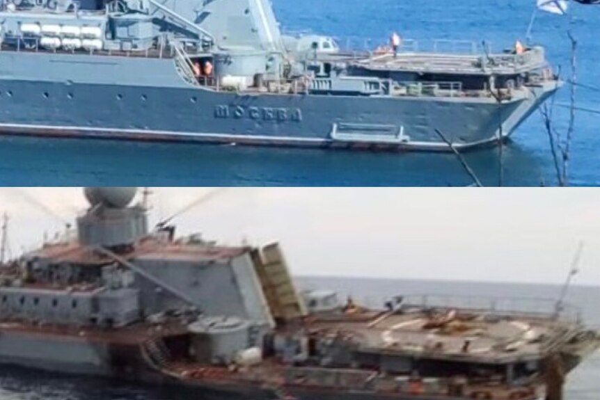 The before and after of a blue warship sitting on the sea and then charred after a fire or explosion