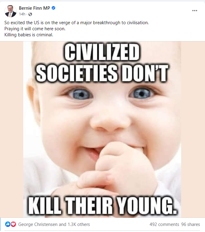 A screenshot of a social media post showing an anti-abortion meme shared by Victorian MP Bernie Finn.
