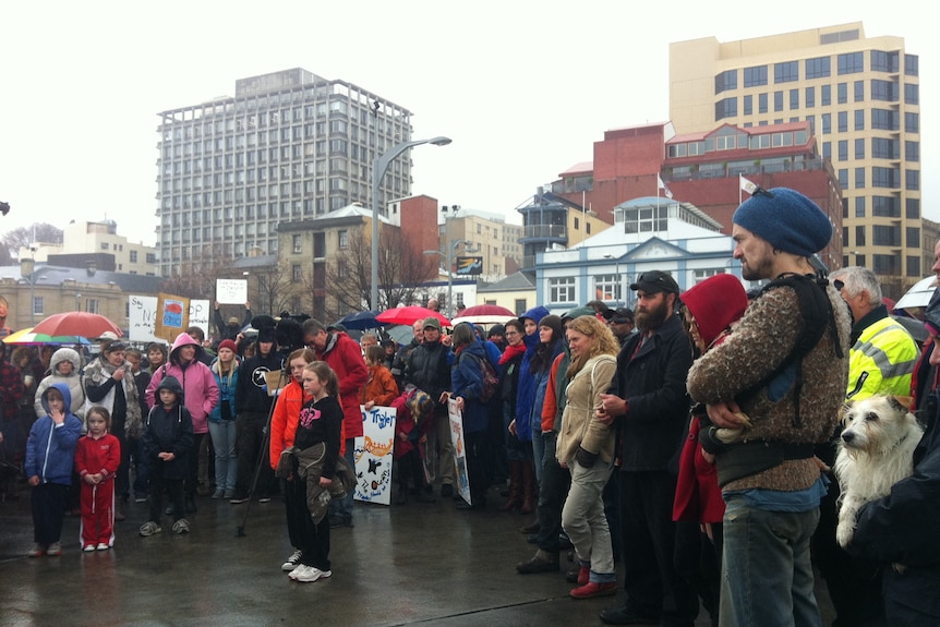 Protesters wait at the Hobart docks to present a petition against the FV Margiris.