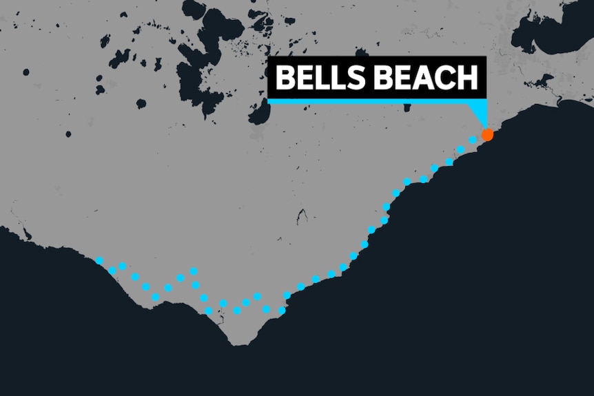 A map showing where Bells Beach sits on the eastern side of the Great Ocean Road.