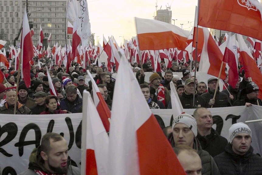 A sea of Polish flags at a nationalist rally in downtown Warsaw.