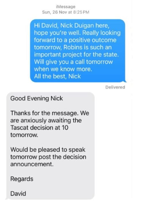 A screenshot from an iPhone showing a message from Nick Duigan to David Pollington and David Pollington's response