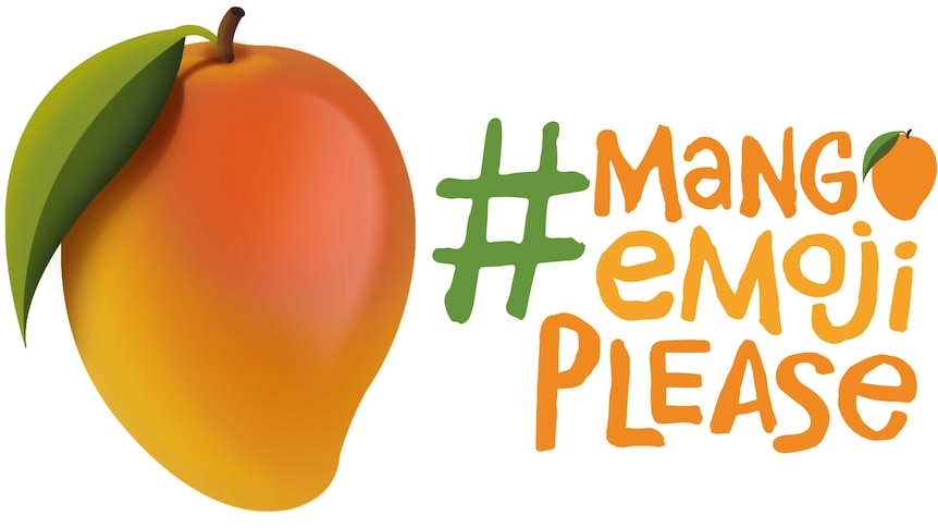 A bright orange, illustrated mango with 'hashtag mango emoji please' written beside it