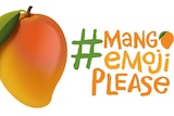 A bright orange, illustrated mango with 'hashtag mango emoji please' written beside it