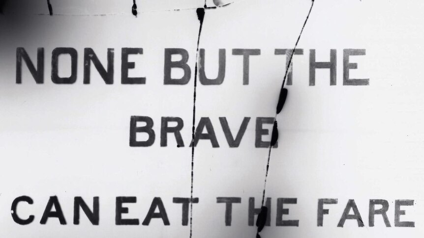 a close up image of a sign that reads 'none but the brave can eat the fare'