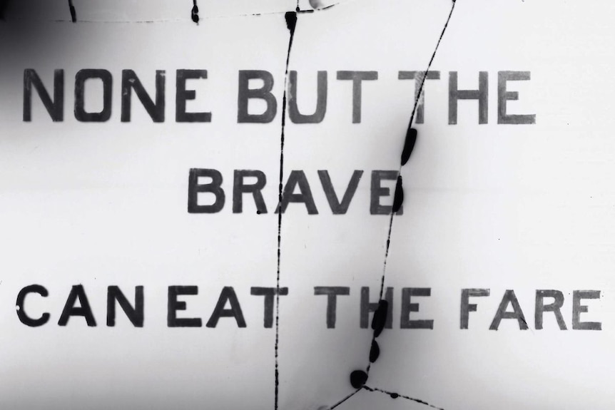 a close up image of a sign that reads 'none but the brave can eat the fare'