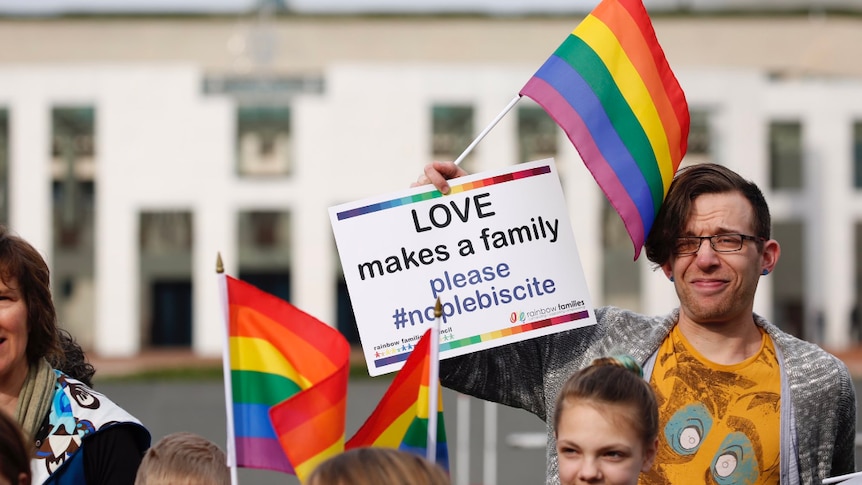 Same-sex marriage protesters against the plebiscite display banners and flags outside parliament house.