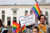 Same-sex marriage protesters against the plebiscite display banners and flags outside parliament house.