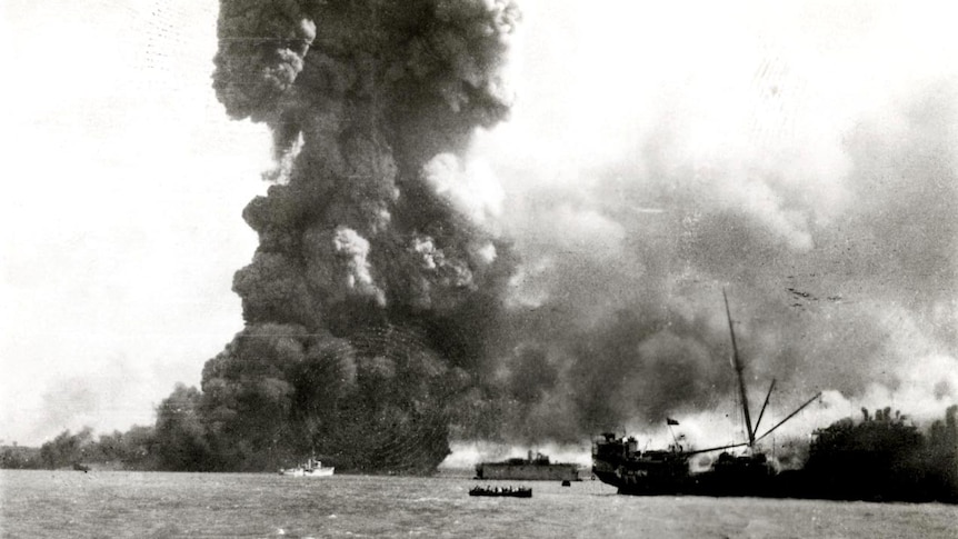 The SS Neptuna explodes at Stokes Hill Wharf during the Darwin attacks in 1942.
