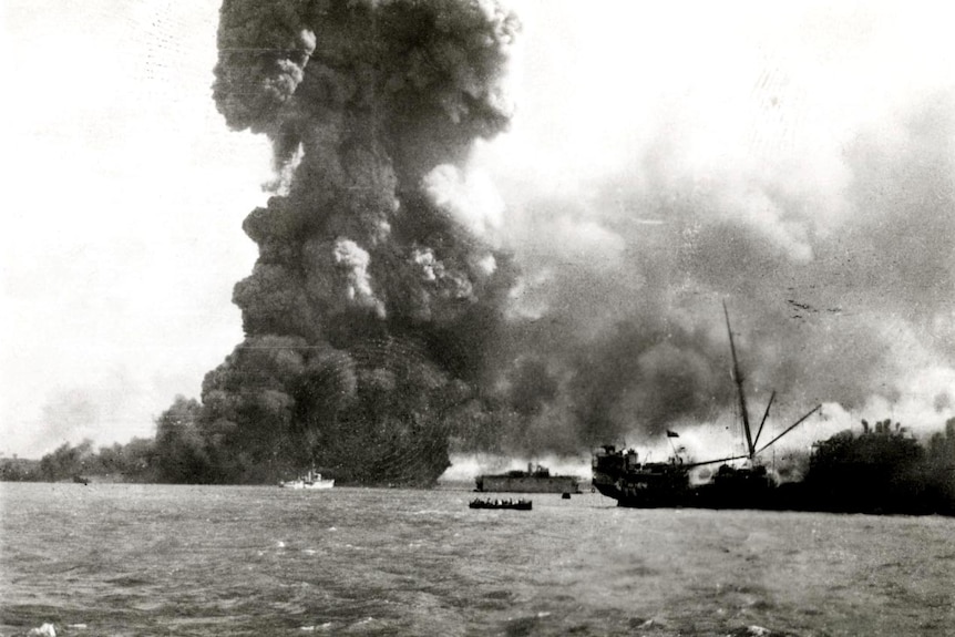 The SS Neptuna explodes at Stokes Hill Wharf during the Darwin attacks in 1942.