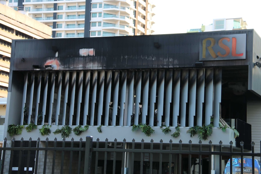 The blackened facade on the RSL building after the fire