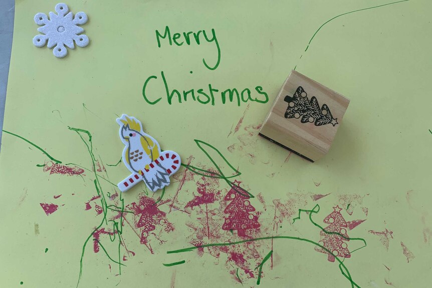 Child's Christmas card drawing for Pimpama pen pals with scribble and stamps