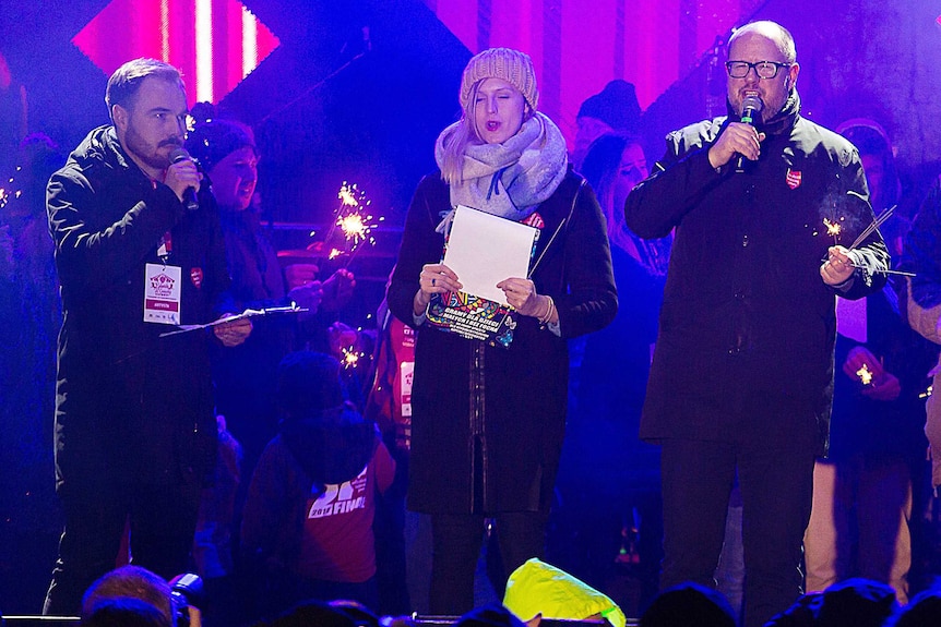 Gdansk Mayor Pawel Adamowicz speaks to an audience shortly before he was stabbed.