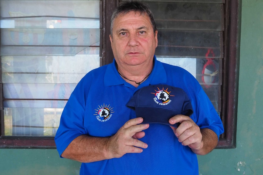 A man in a blue shirt holds up a matching blue cap next to his chest