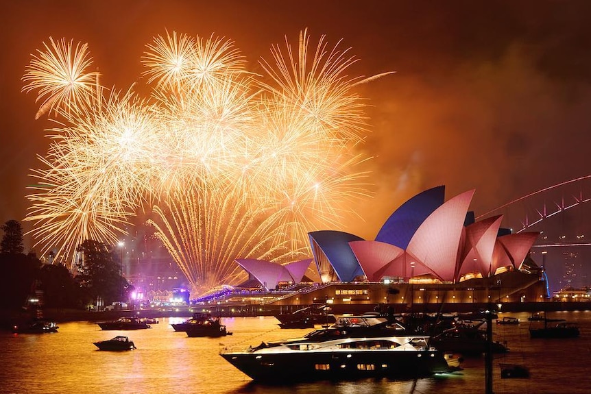 Fireworks over Sydney harbour, with the Opera House and Harbour Bridge in the background.
