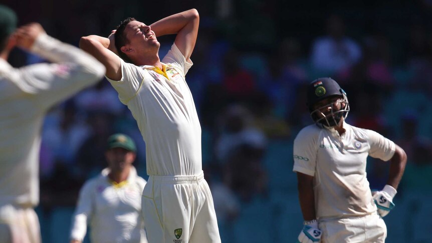 Australia bowler Josh Hazlewood looks in agony as he puts his hands on his head during a Test match. Rishabh Pant is watching.