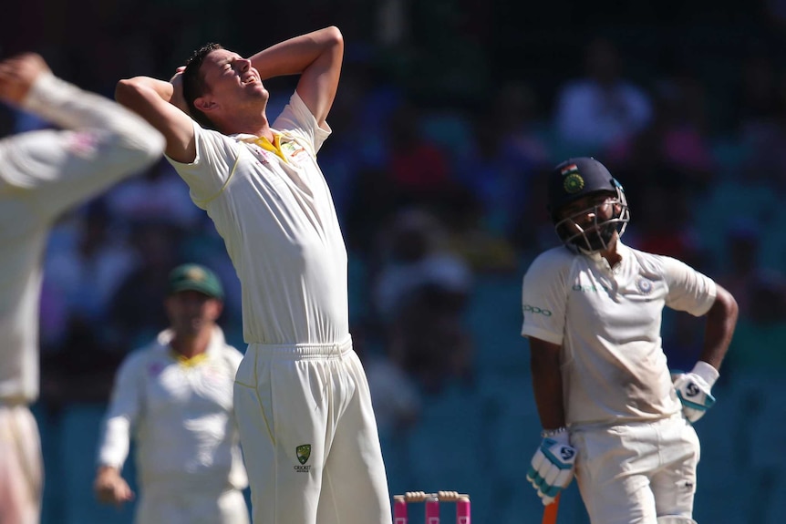 Australia bowler Josh Hazlewood looks in agony as he puts his hands on his head during a Test match. Rishabh Pant is watching.