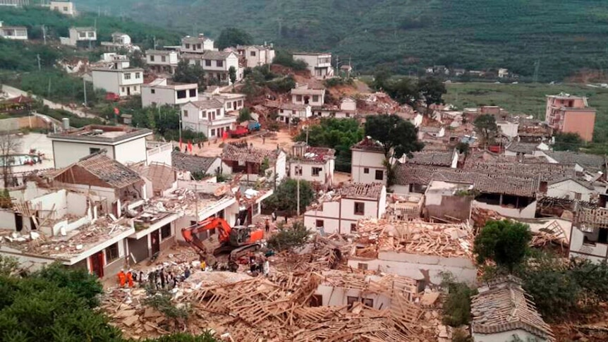 Collapsed buildings in Ludian county in China's Yunnan province after a magnitude 6.1 earthquake hit