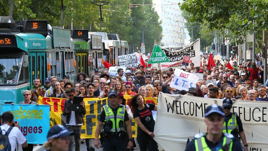 protesters marching in Melbourne