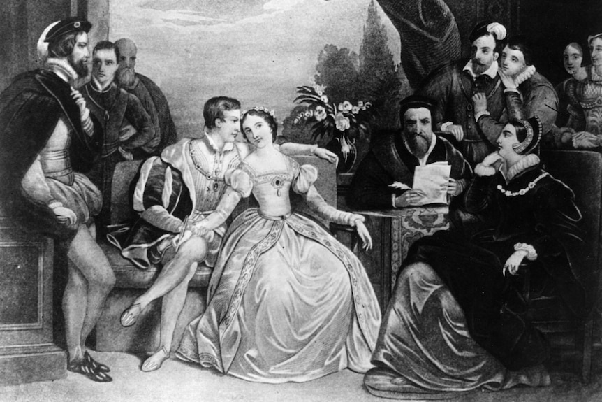 A black and white photo of an engraving that depicts a couple at the centre in early modern era clothing, surrounded by people
