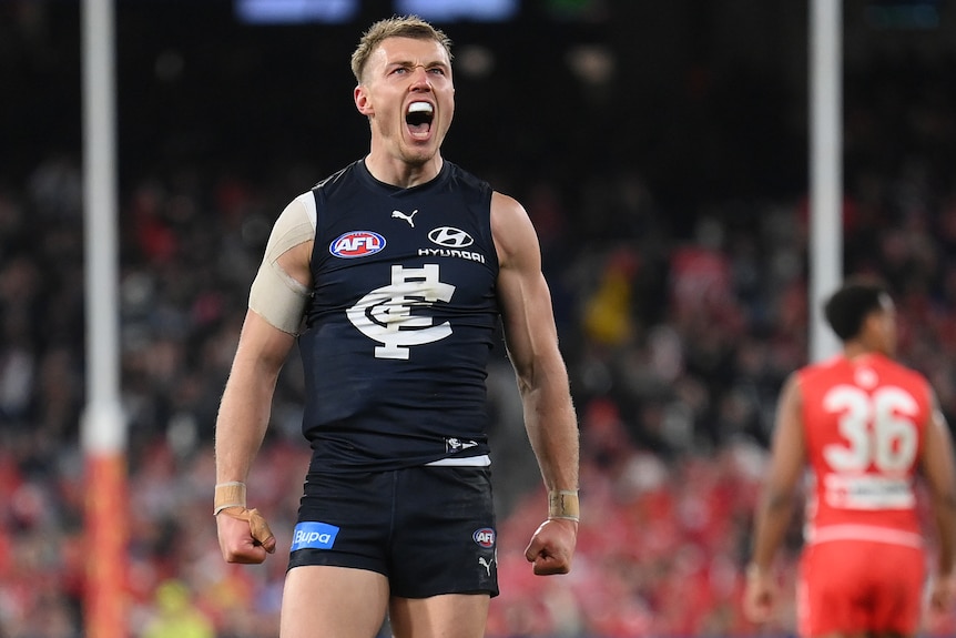 Patrick Cripps yells in celebration