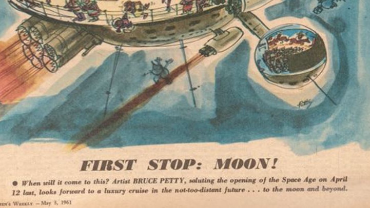 Newspaper cartoon with heading 'First Stop: Moon!'