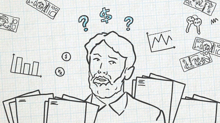 An illustration of a man appearing confused by a number of financial elements floating around him.