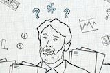 An illustration of a man appearing confused by a number of financial elements floating around him.