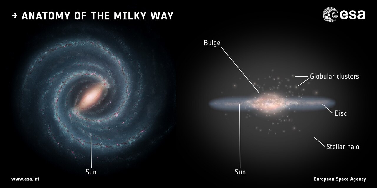 A spiral galaxy shown face on and side on