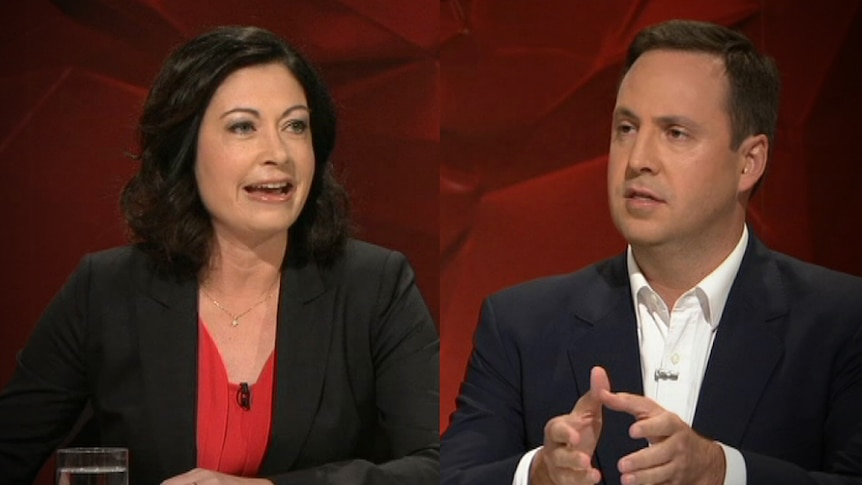A composite image of Terri Butler and Steve Ciobo appearing on ABC's Q&A program