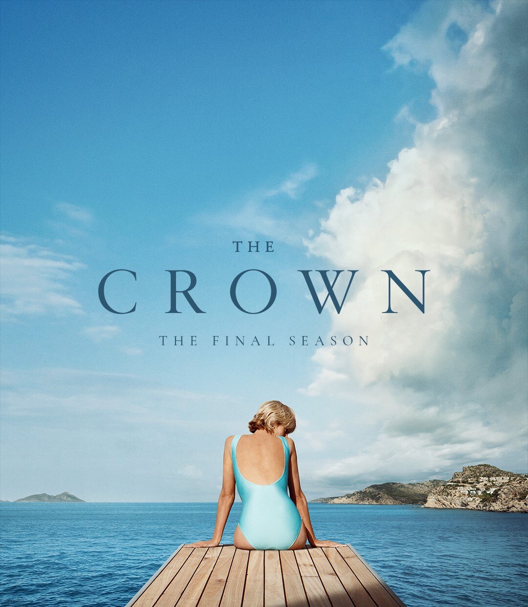 Elizabeth Debicki wearing a blue swimsuit, sitting on a diving board in a poster for The Crown