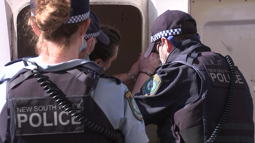 police putting a woman in a police van