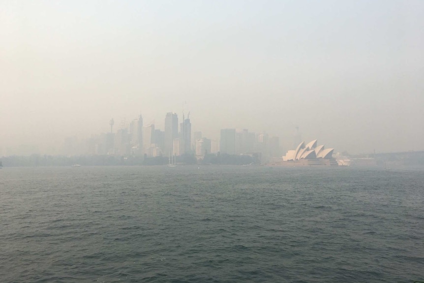 The Sydney CBD and the Opera House shrouded by thick smoke.